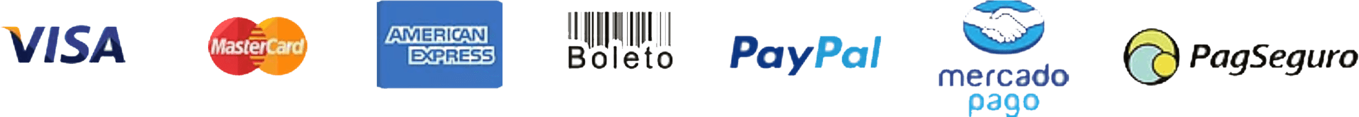Visa, Mastercard, American Express, Boleto, PayPal, Mercado Pago e PagSeguro